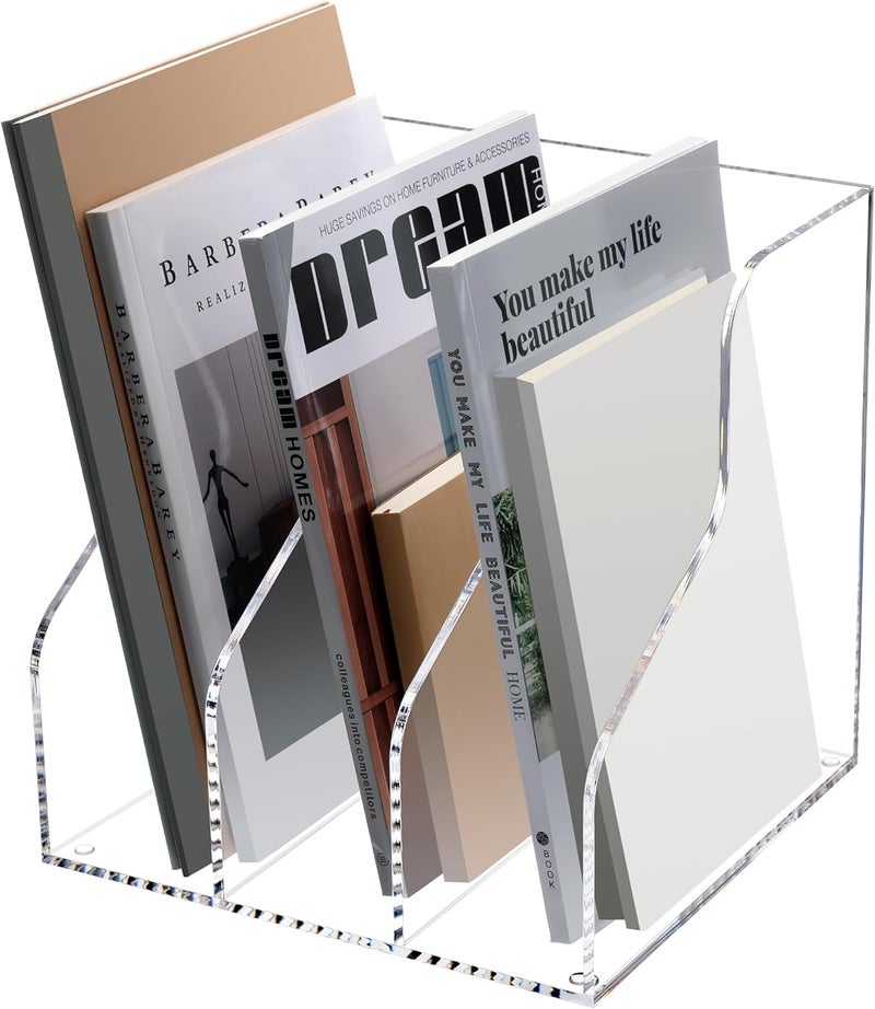 HeZone Desk File Organizer, Acrylic Magazine File Holder with 3 Vertical Compartments Rack File Sorter for Office Home Classroom Desk Organization, Clear… - Image 1
